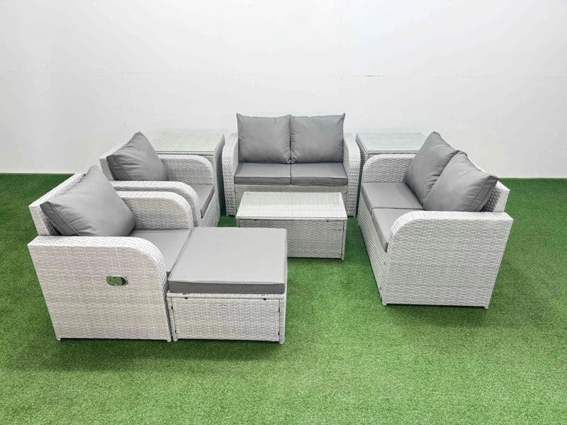 Fimous 7 Seater Outdoor Reclining Chair Love Sofa Set Rattan Garden Furniture Set with Rectangular Coffee Table Footstool 2 Side Tables Light Grey