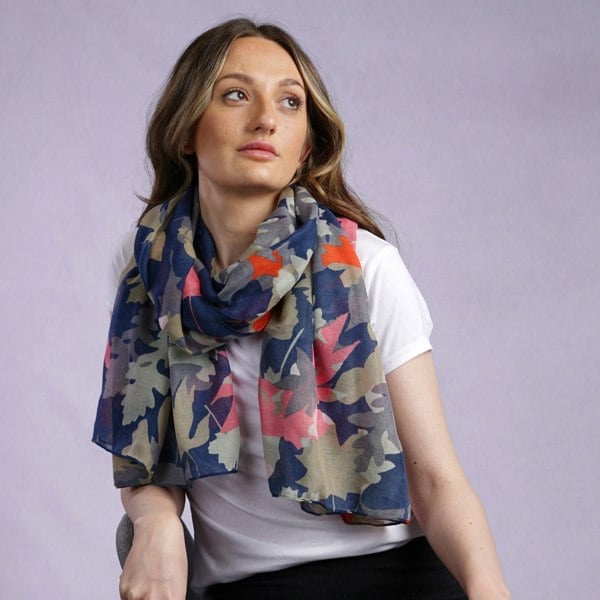 Antonia York Leaf Scarf | Hannah Large Light Weight Gauzy Wrap Recycled Polyester Blue Sage Pink