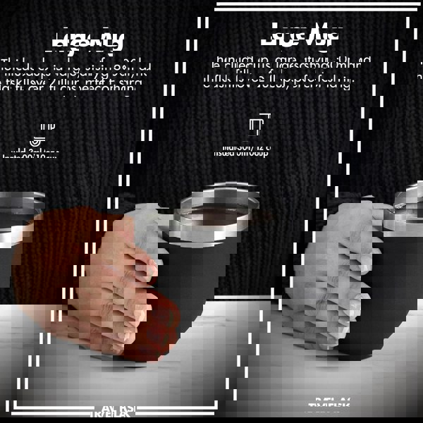 A hand holds an insulated black mug filled with liquid on a marble surface. Text reads "Large Mug The included cup is a large, satisfying 300ml, and the flask fills over 2 full cups, perfect for sharing. Insulated 300ml/10oz cup TRAVEL FLASK."