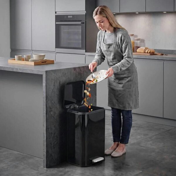 20 L Kitchen Pedal Bin, Metal Rubbish Bin with Removable Inner Bucket, Soft-Close & Stay-Open Lid, High Gloss Black