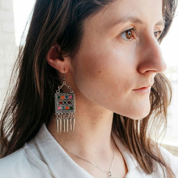 The Colourful Aura Oxidised Colourful Enamel Square Indian Boho  Drop Ethnic Asian Indian Earrings