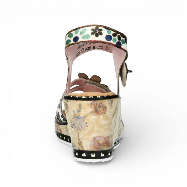 Laura Vita Ballon 08 - Women's Beige Floral Leather Wedge Sandals