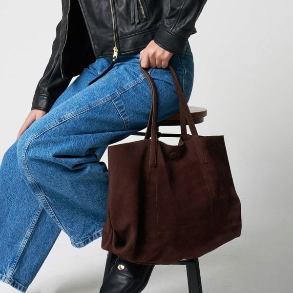 Barneys Originals Ruby Chocolate Real Cow Suede Everyday Tote Bag