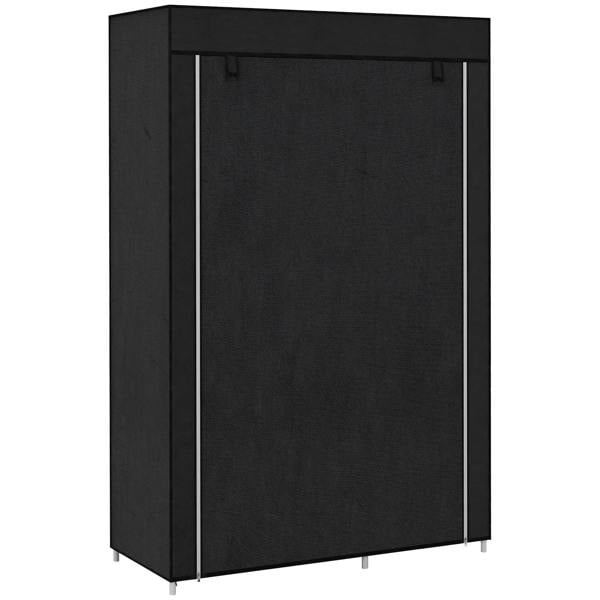Black foldable fabric wardrobe with front door and metal frame supports.