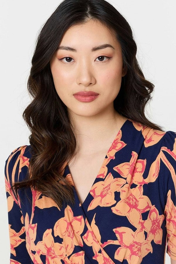 Navy | Printed Shirred Cap Sleeve Knee Length Dress
