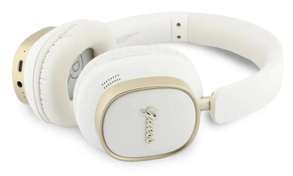 Guess Rectangle Metal Script Logo ENC On Ear Wireless Headphone White - GUBHV28HGCSME