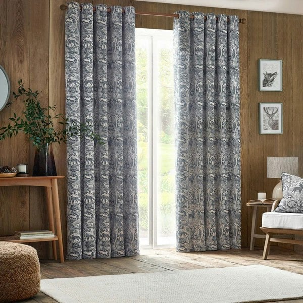 Furn Winter Woods Chenille Animals Eyelet Curtains - Midnight