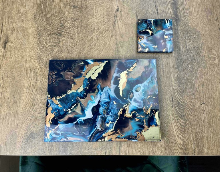 Kate Chesters Art Blue Gold Bronze Resin Art Placemats and Coasters Set - Heat Tolerant