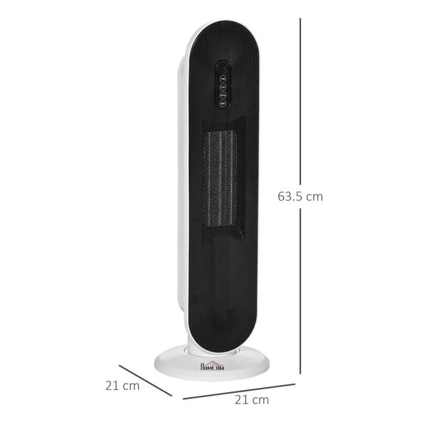 White ceramic tower space heater with front control panel and size diagram
