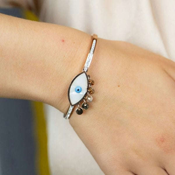 The Colourful Aura Evil Eye White Enamel Sequin Dangle 18ct Plated Rose Gold Arm Bangle