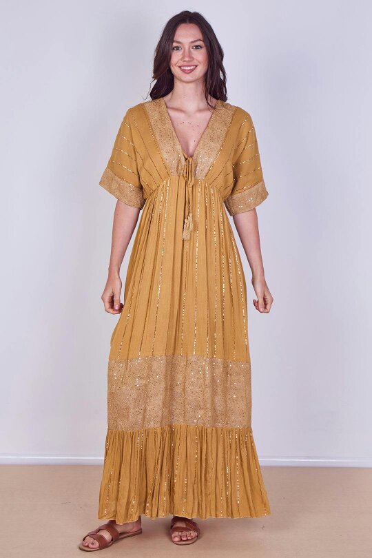 Boho Sequin Swirl Embroidered Maxi Dress - Mustard Yellow