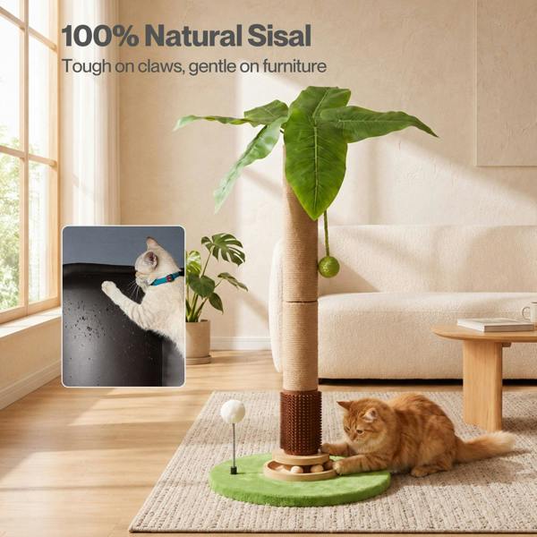 Skylos Cat Scratching Post Palm Tree Cat Scratcher With Brush Toy Indoor Green