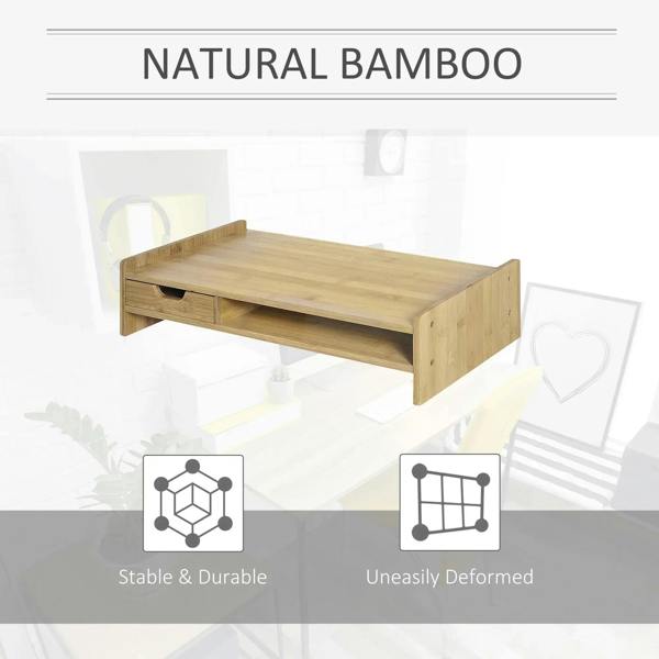 Natural bamboo monitor riser stand featuring drawer and raised desktop platform