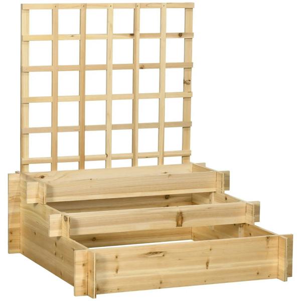 Natural wood 3-tier raised garden planter with trellis and three planting beds