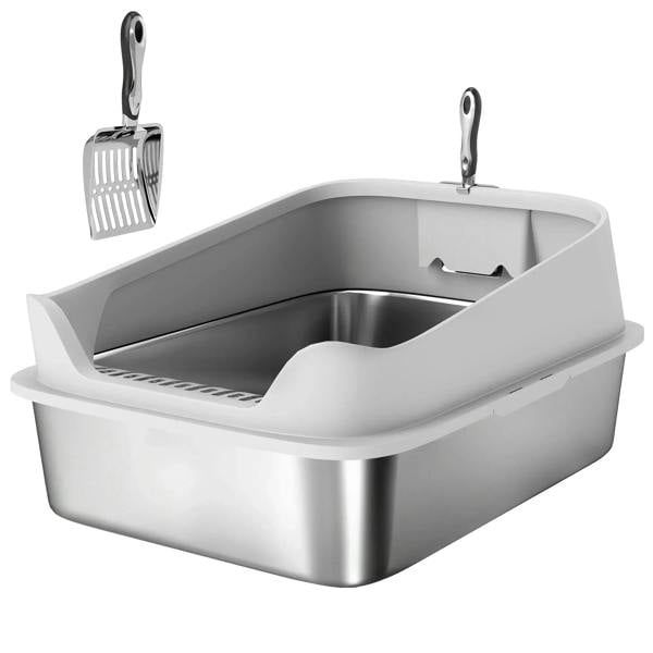 Grey stainless steel cat litter box with high sides and metal scoop