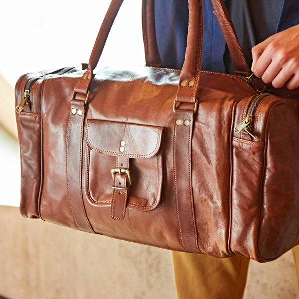 Paper High Brown Leather Holdall with Zipped Pockets