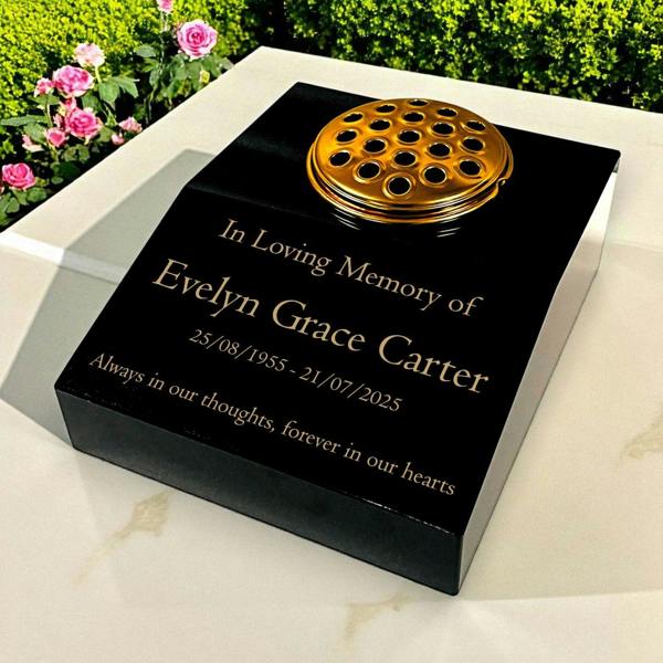 Memorials Direct Black Granite Sloping Memorial Desk with Vase – Free Gold Engraving