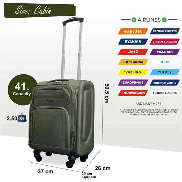 Infinity Luggage Expandable Soft Shell Cabin Suitcase 50.5 x 37 x 26 cm Luggage Suitable for Easyjet, Ryanair