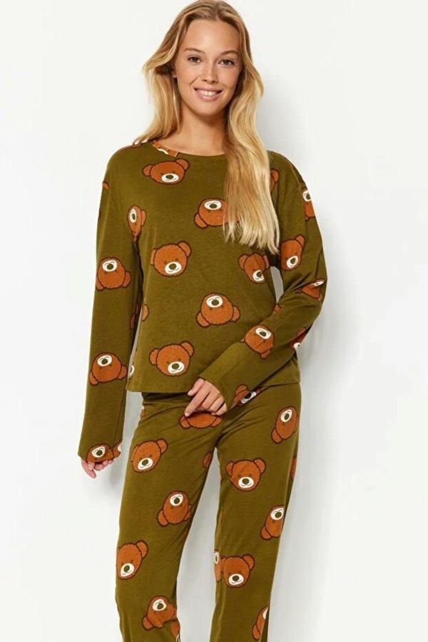 Hoxton Gal 100% Cotton Knitted Pajama Set with Teddy Bear Print