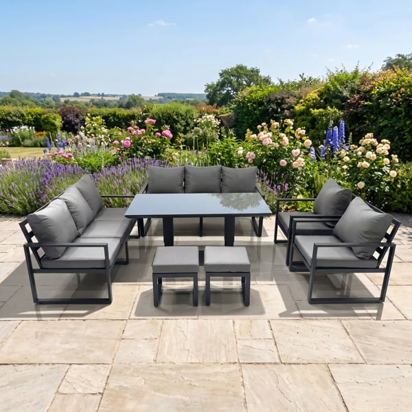 Fimous Garden Sofa Set Aluminium Furniture Rising Dining Tabe Set with 2 Chair 2 Small Footstools Dark Grey