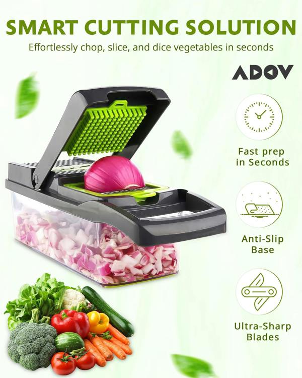 ADOV Vegetable Chopper, Multi-Function Mandoline Slicer with 7 Stainless Steel Blades, Container and Safety Guard