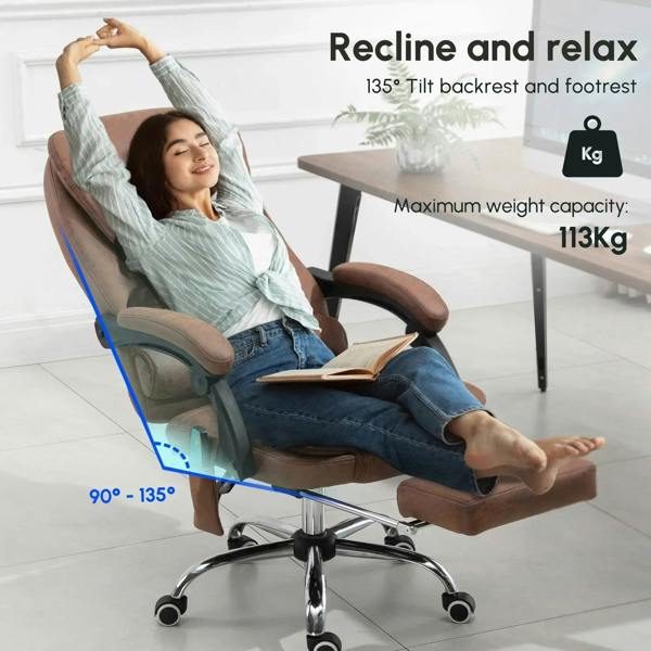 Brown recline office chair with footrest and armrests, angled in relaxed position