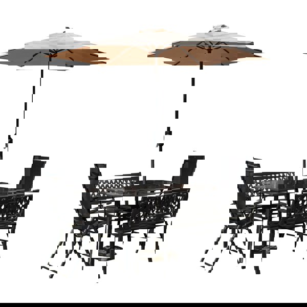 Samuel Alexander Outdoor 6 Person Rectangular Glass Top Garden Dining Table Benches & Chairs With Beige Havana Parasol and Base Set