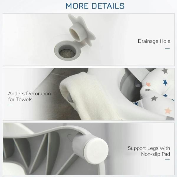 Foldable baby bathtub with drain opening, anti-slip support legs, and star cushioned insert