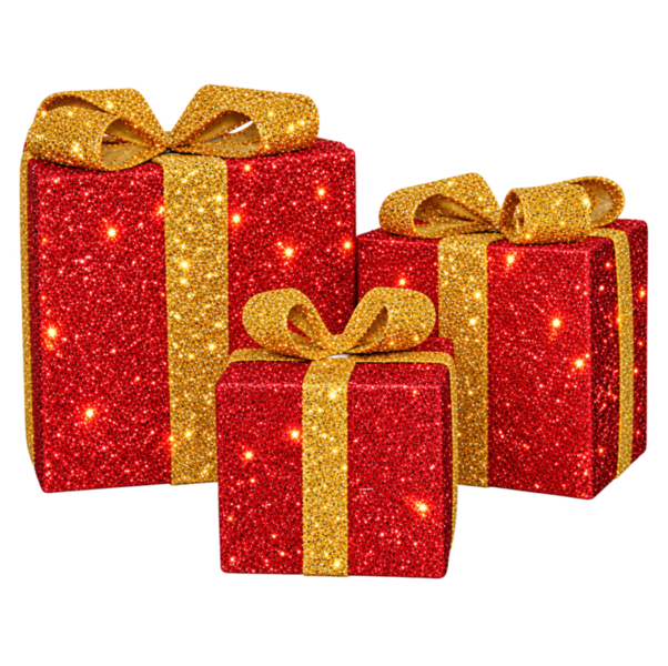 Set of 3 Light-Up Red Christmas Parcels with Gold Bows, 35 White LEDs, Static & Flash Modes, Battery Powered Chain Decoration