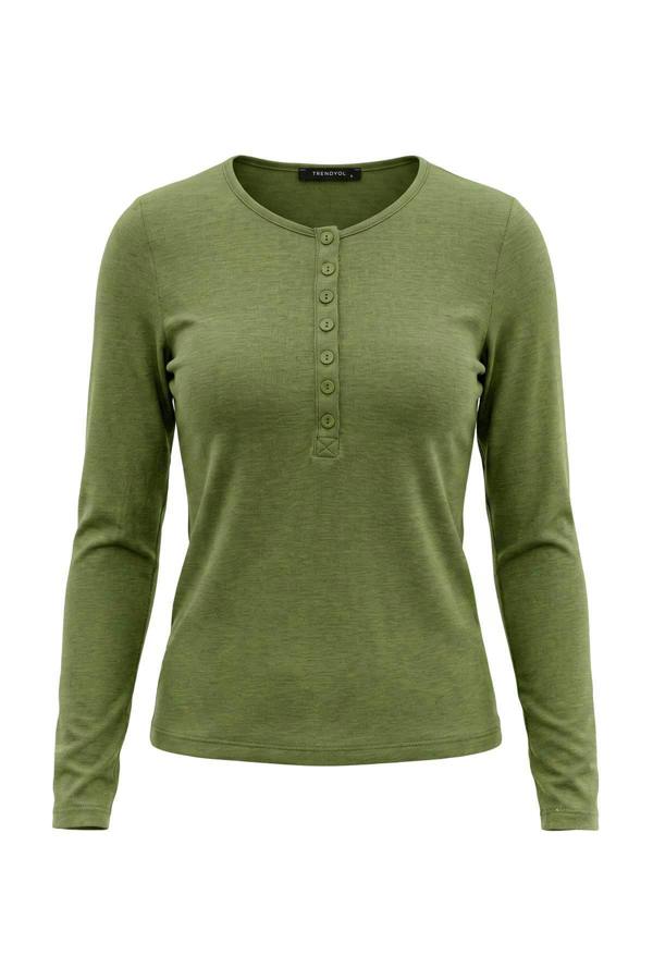 WOVCOR Crew Neck Long Sleeve Button Front Fitted Knit Blouse