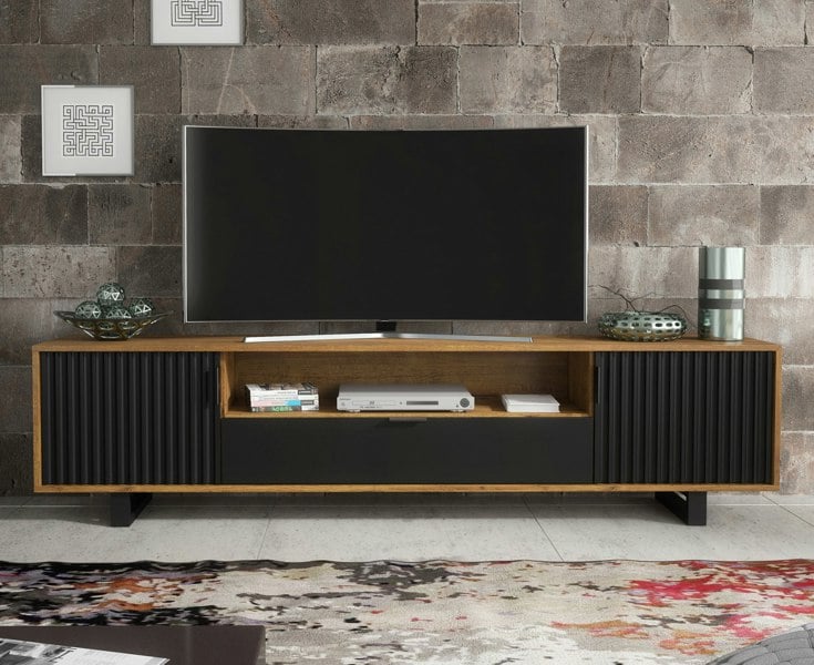 Mex Furniture Milled 200cm TV Unit with Oak Matt Body and Black Milled-Front Doors