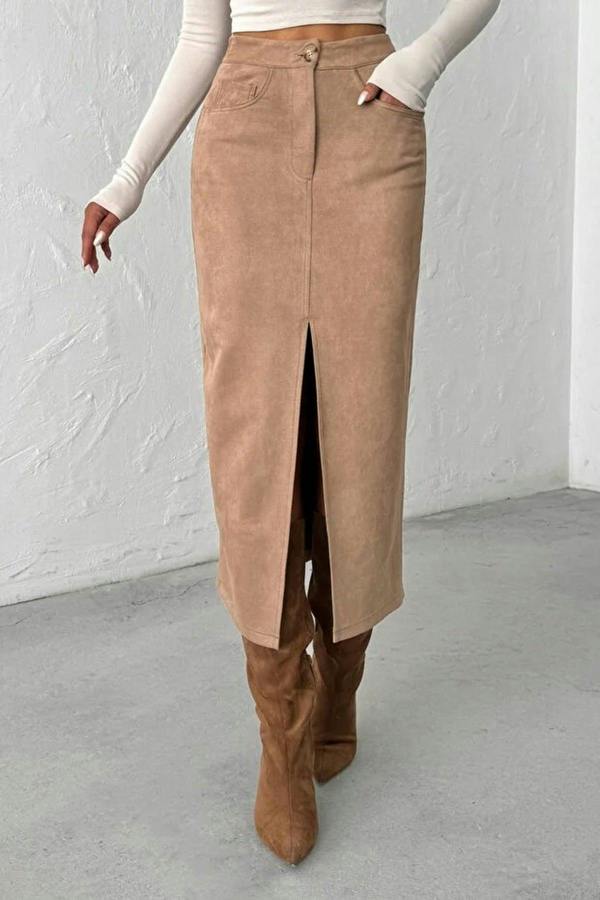 WOVCOR Suede Midi Knit Pencil Skirt with Front Slit