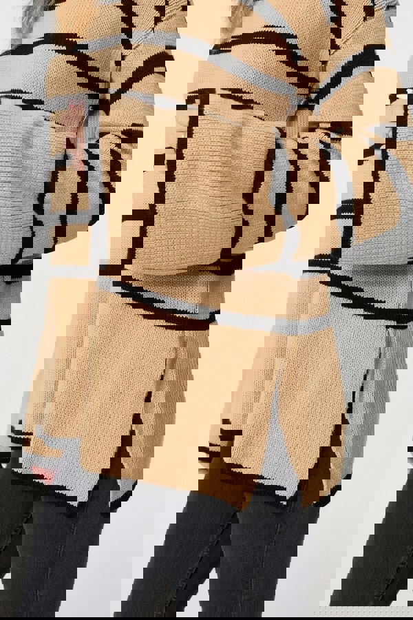 Beige | Striped Flare Sleeve Roll Neck Jumper
