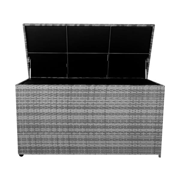 Grey rattan cushion storage box with a textured weave, spacious interior, and a hinged lid for easy access to stored items