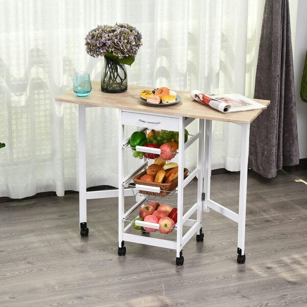 Wyld Haus Ziha Wooden White Oak Tone Drop Leaf Kitchen Trolley With Baskets And Wheels