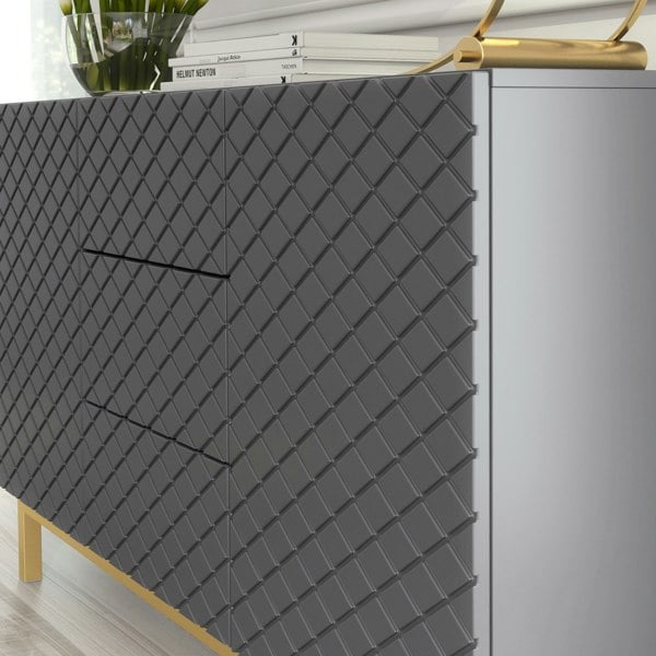 Mex FurnitureGrey Matt Sideboard 140cm Diamond Pattern with Gold Legs