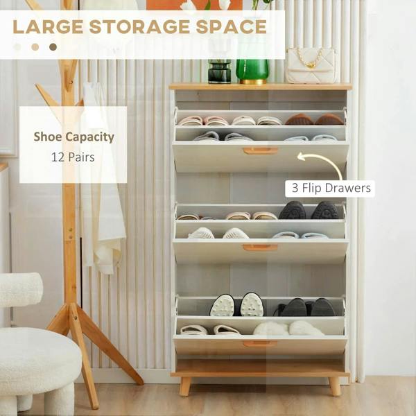Cream white narrow shoe cabinet with three flip drawers for shoe storage