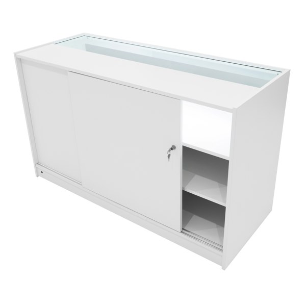 Sleek white Selene LED shop counter set with sliding door, glass display top, and open shelves for organized storage and display