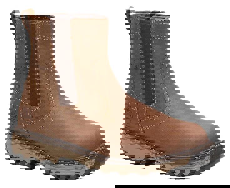 Caterpillar Pelton Mens Steel Toe/Midsole Safety Pull On Dealer Boots, brown leather work boots with durable sole and pull-on design