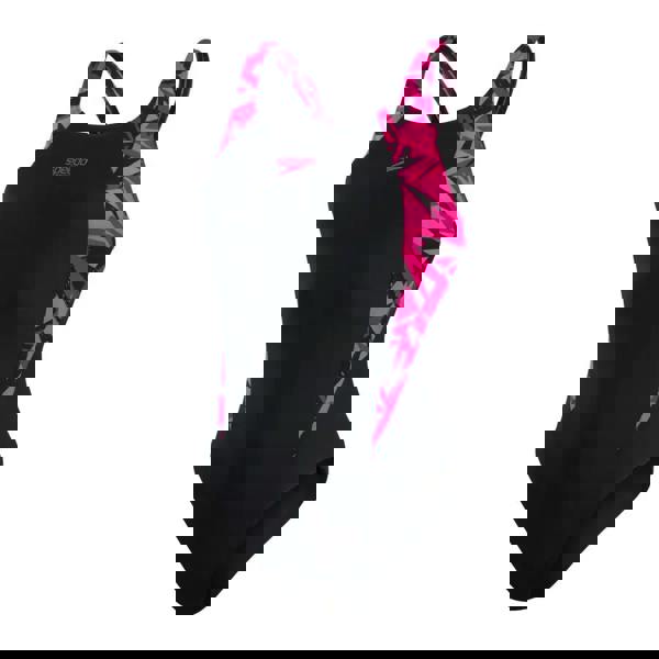 Black Speedo Hyperboom Splice Muscleback swimsuit with pink purple geometric straps