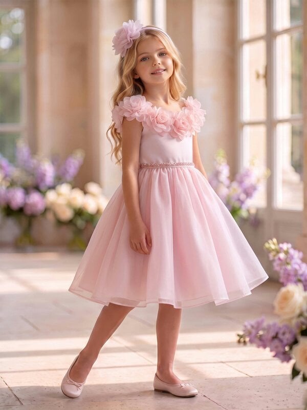 DRESS & Fleur Girls Embellished Tulle Dress with Headband in Pink