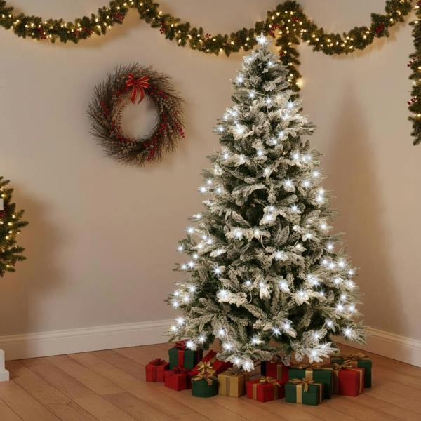6ft and 8ft Pre-Lit Snow-Flocked Artificial Christmas Trees with Cool White LED Lights image 7