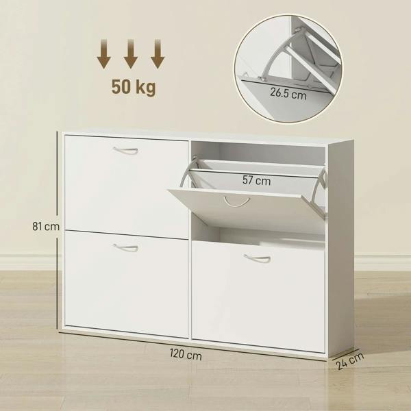 White shoe cabinet with pull-down shelf extended and curved pull handles on drawers