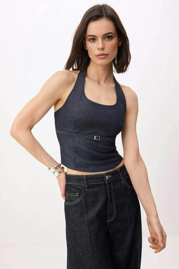 WOVCOR Halter Neck Extra Stretch Denim Blouse