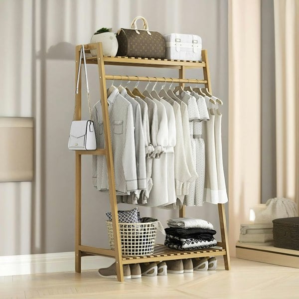 BMBO Wide Wooden Clothing Rail With Shelves Brown