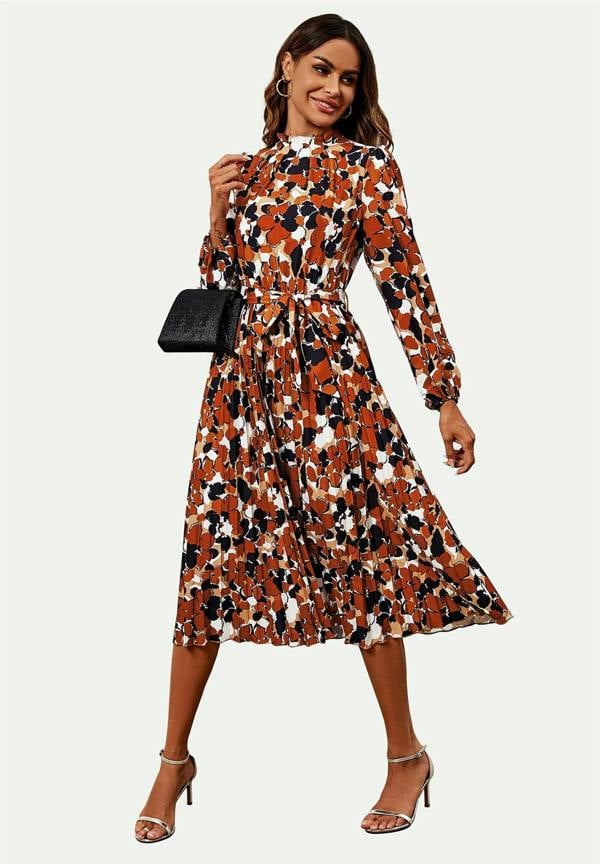 FS Collection High Neck Long Sleeve Midi Dress In Rust