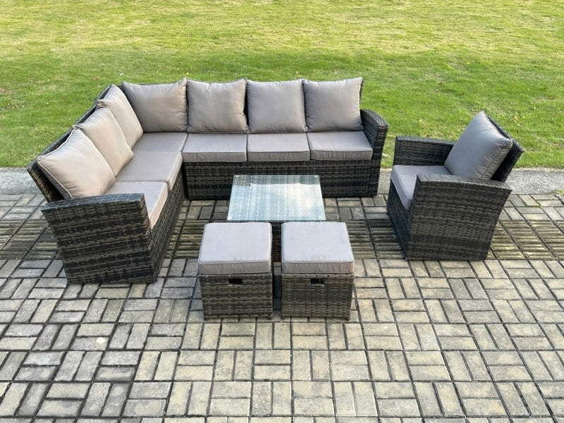 Fimous 9 Seater Outdoor Furniture Garden Dining Set Rattan Corner Sofa Set with Square Coffee Table 2 Small Footstools Dark Grey Mixed