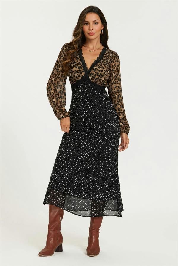 FS Collection Black Dot & Brown Leopard Print Long Sleeve Maxi Dress
