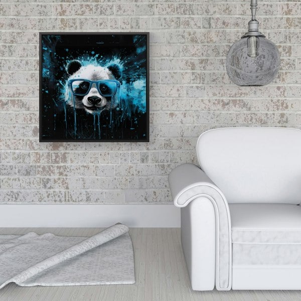 Warren Reed Blue Splash Art Panda Face Framed Canvas