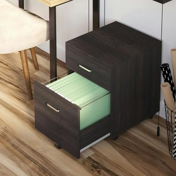 Rolling filing cabinet with open upper drawer holding hanging A4 documents on rails